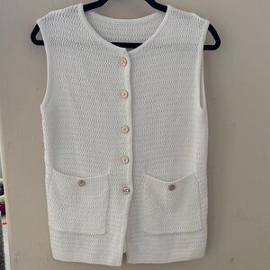 White Sleeveless Knit Cardigan with Pockets